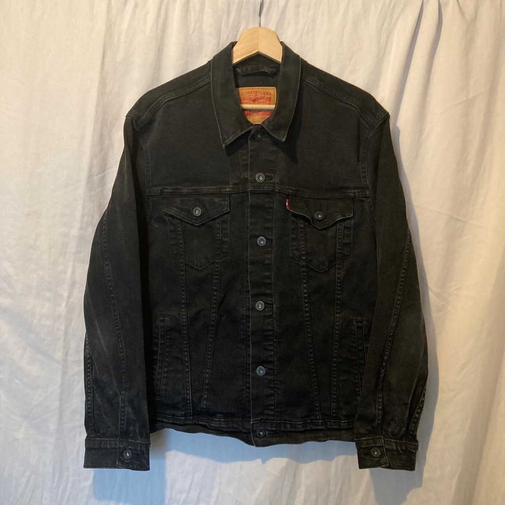 Levis Mens Black Denim Trucker Jacket Size L 72334-0223 Stretch Cotton Blend